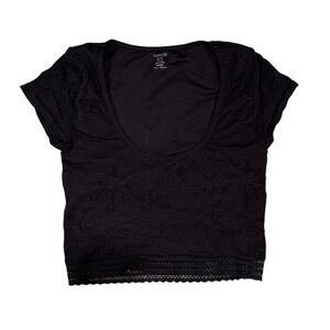 Aerie Superchill Floral Lace Seamless Cap Sleeve Top scoop neck black size XS
